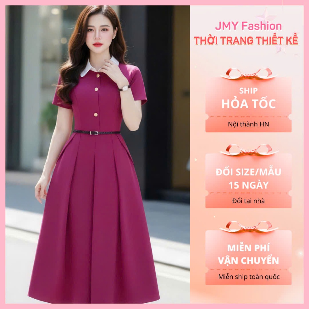 (FIRE) DS6838 เดรสคอปกบานสีชมพูขาว (แถมเข็มขัดฟรี) [Dolce Viva Collection (DVC/ACC)]