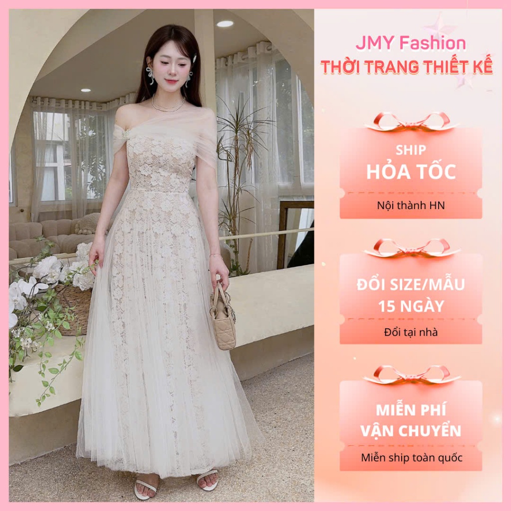 V802, RC874 เดรสลูกไม้ลายดอกไม้สีขาวดีไซน์แม็กซี่เปิดไหล่บานสีเบจสําหรับปาร์ตี้ [TH HA LE]