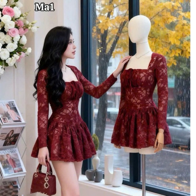 เดรสลูกไม้คอเหลี่ยมสําหรับสุภาพสตรีใส่ไปงานเลี้ยง/RF55