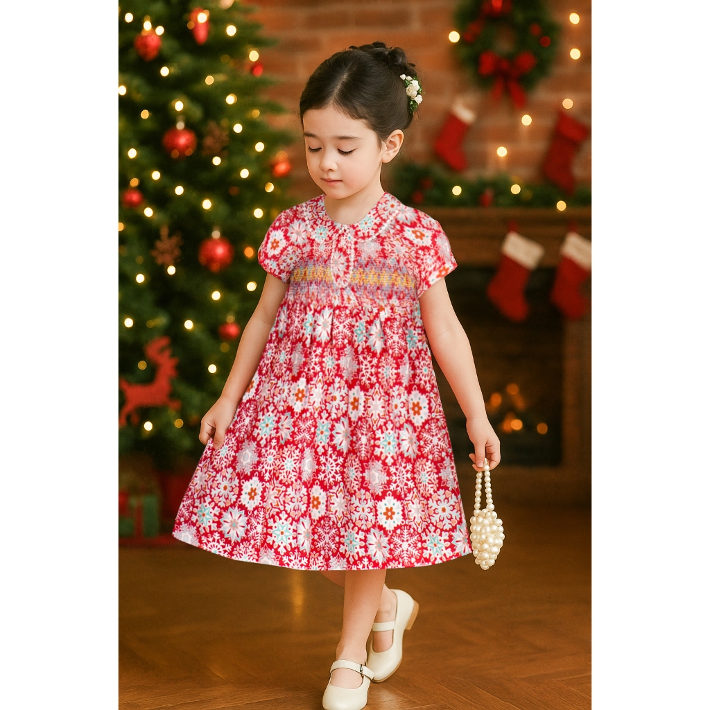 ชุดเดรสเด็ก Pretty House Smock แขนสั้นคอตุ๊กตา K35 – K36 สําหรับเด็กผู้หญิงตั้งแต่ 1–10 ปี