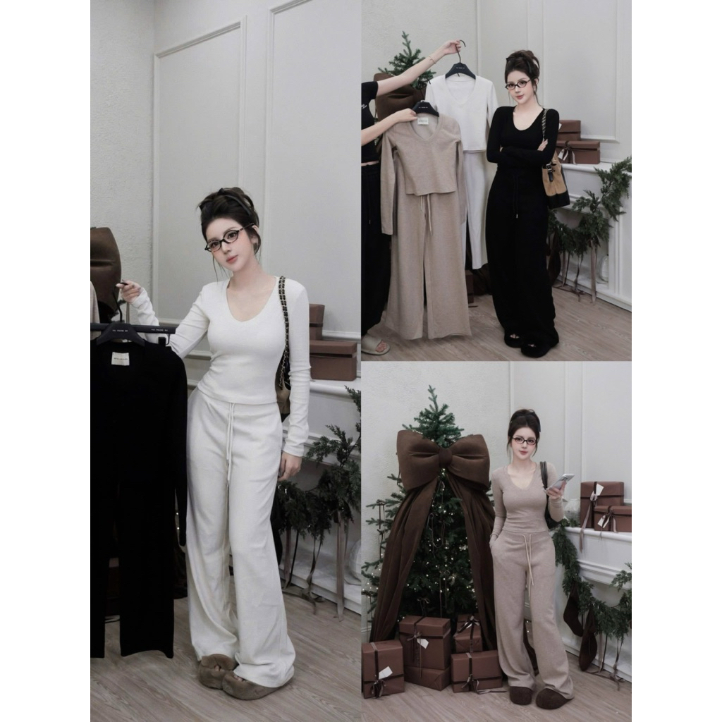 MPB womens Set - เสื้อคอเต่าแขนยาวพร้อมกางเกงหลวม - ใส่อยู่บ้านสวยๆ