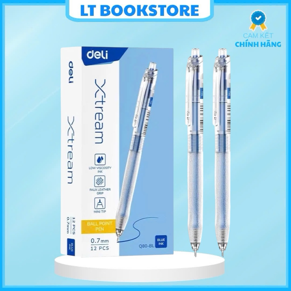 กล่อง 12 ปากกาลูกลื่นหมึกสีน้ําเงิน DELI Xtream Q80-BL 0.7 มม. - LT BookStore