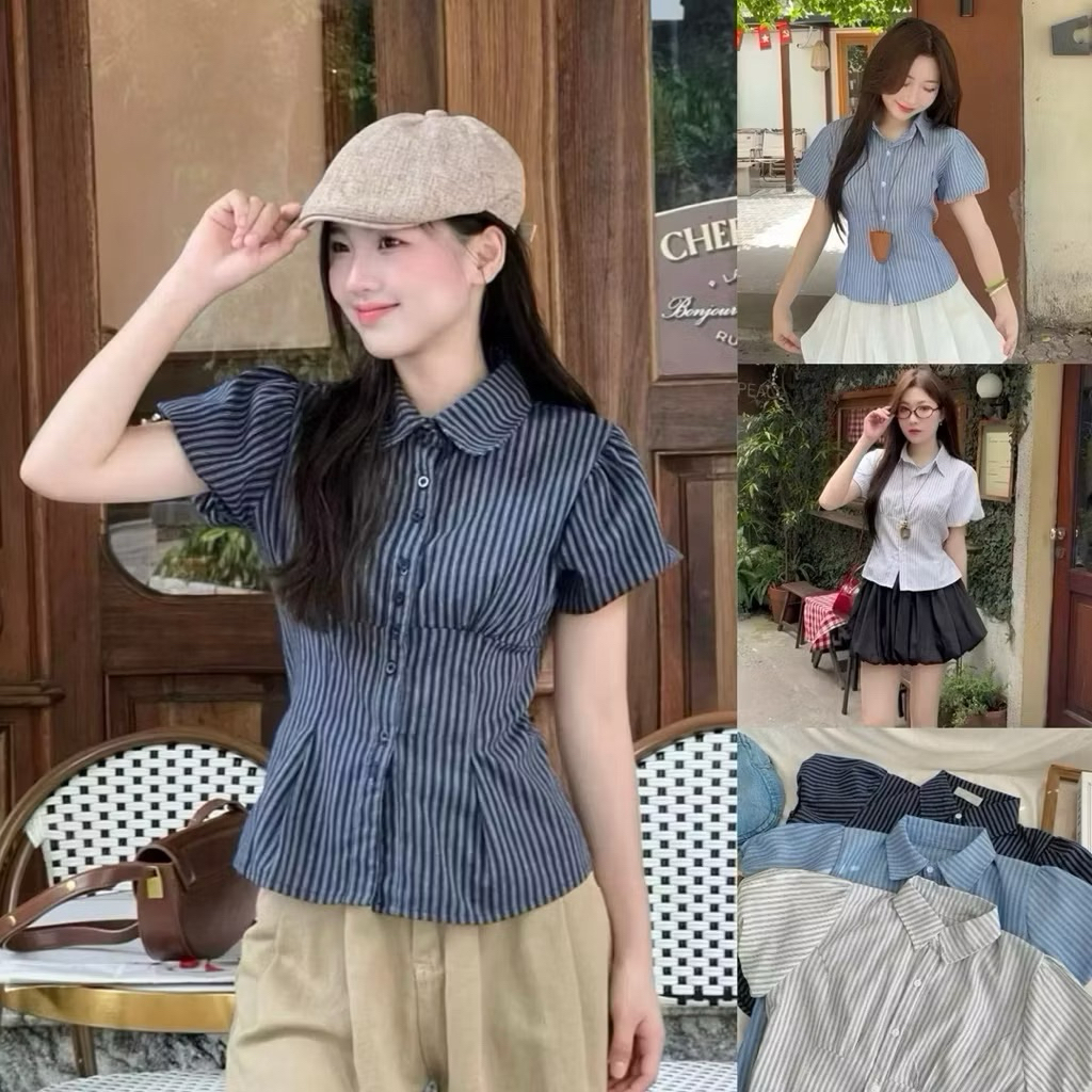 EXTREMELY BEAUTIFUL KOREAN เสื้อลายสก๊อตแขนพัฟและคอปกพร้อมเข็มขัด BOONG SMS400