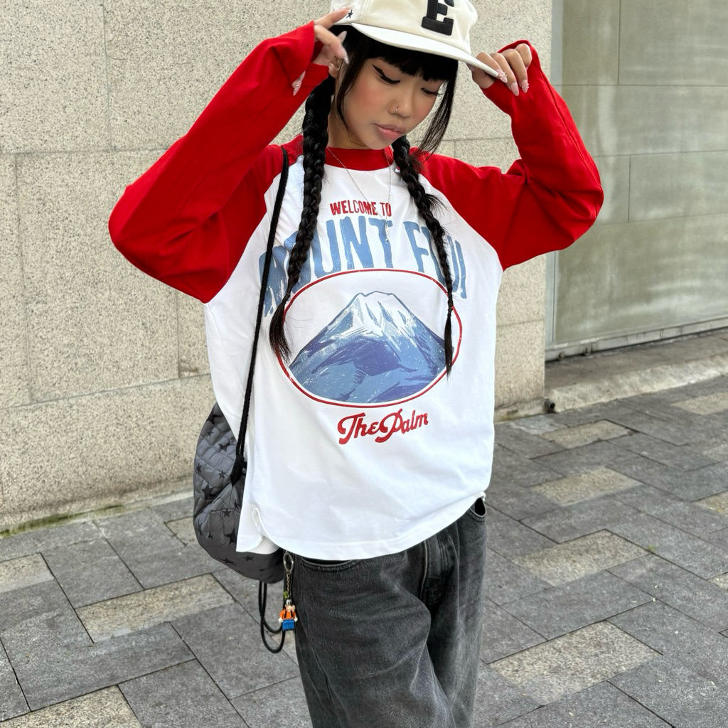 ThePalm sinko Official - Raglan "FUJI" เสื้อยืดแขนยาวสีขาว/แดง UNISEX ผู้ชายและผู้หญิง