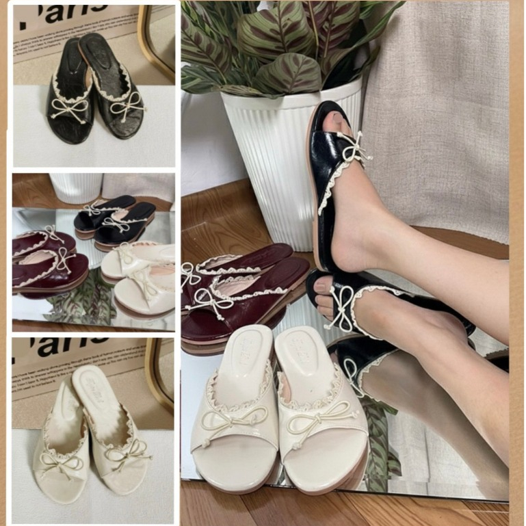 [T.DINN] D01 รองเท้าส้นแบนผู้หญิงมีโบว์ Lace Ladys Style