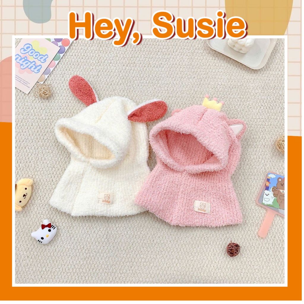 Hey Susie M447 หมวกและผ้าพันคอขนสัตว์สีชมพู/ครีมสําหรับเด็กผู้หญิง