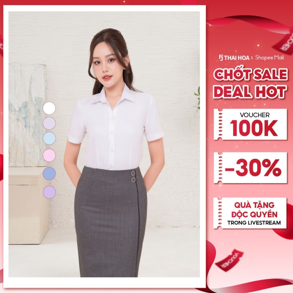 เสื้อเชิ้ตแขนสั้นผู้หญิง ASW0301-R05 ผ้าคอตตอนลายทางละเอียด ทรงเข้ารูป สีไทยโฮอา