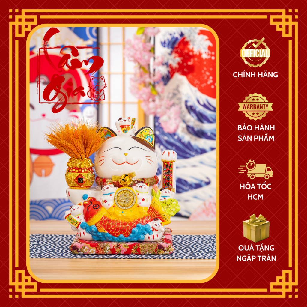 [GENUINE] God of Fortune Cat Waving Hand Japanese Lam Gia Maneki-Neko Ceramics LJ 32cm - Lucky Feng 