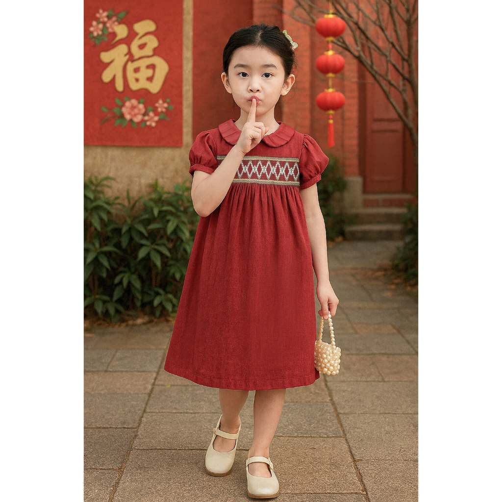 Xinh House ชุดเดรสเด็กแขนระบายคอปก K22 - K23 For Girls อายุตั้งแต่ 1 ถึง 10 ปี