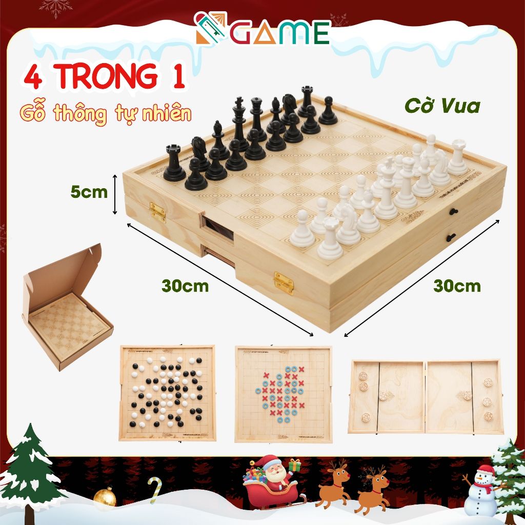 ชุดหมากรุก 4-in-1: หมากรุก, ไป, หมากฮอส, หมากรุกสะบัดทําจากไม้สนธรรมชาติคุณภาพสูง - SGAME