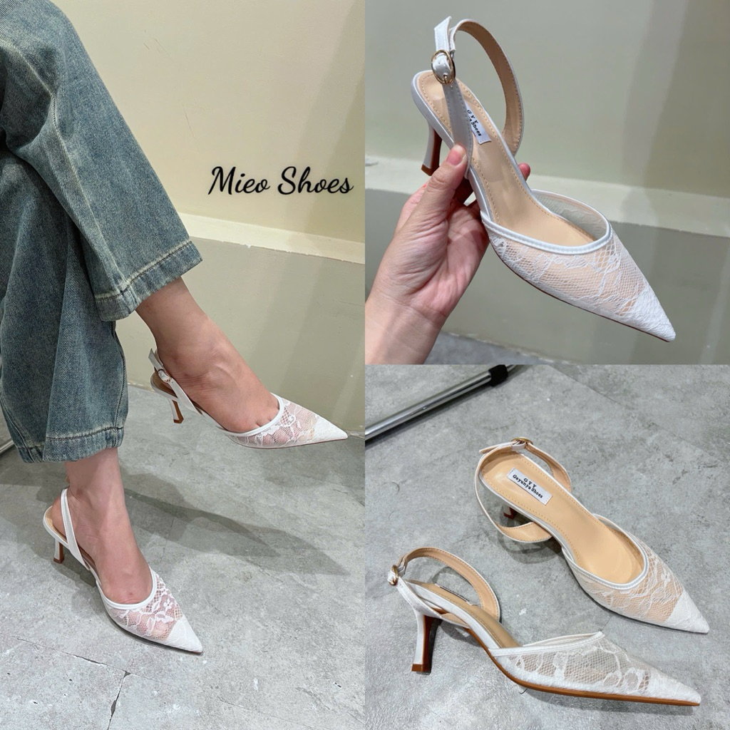 QC นําเข้า Lace Pointed Heel Fullbox Mieo Shoes G1458