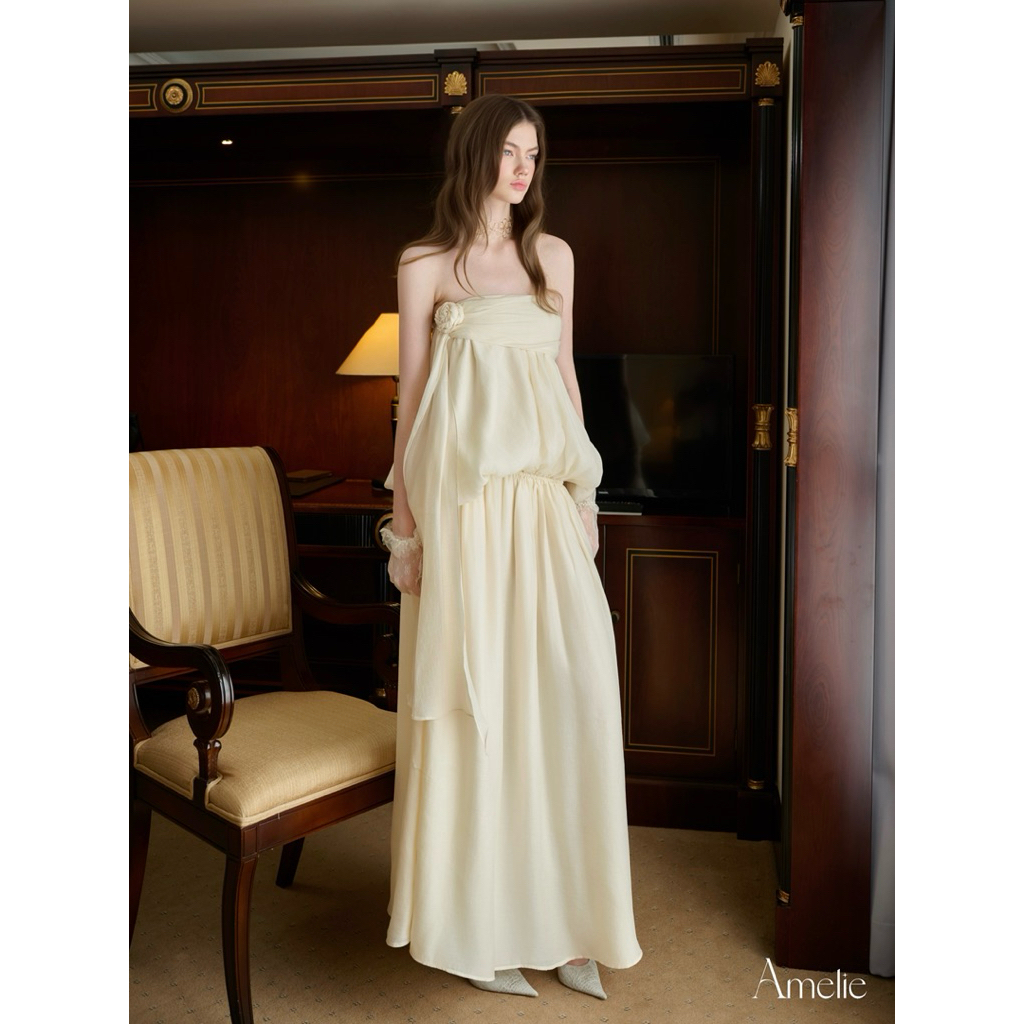 AMELIE - ชุดเดรสสายเดี่ยวสีครีมผ้าไหม - ชุด Yvaine Ame434