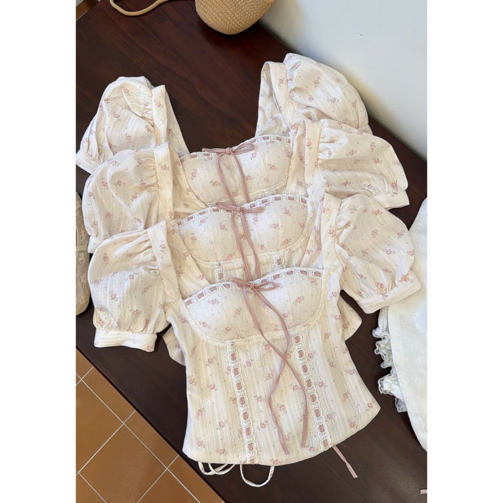 โบว์ชมพู CORSET แขนพอง-2 ชั้น แผ่นรองหน้าอก ไซส์ SML (A112)