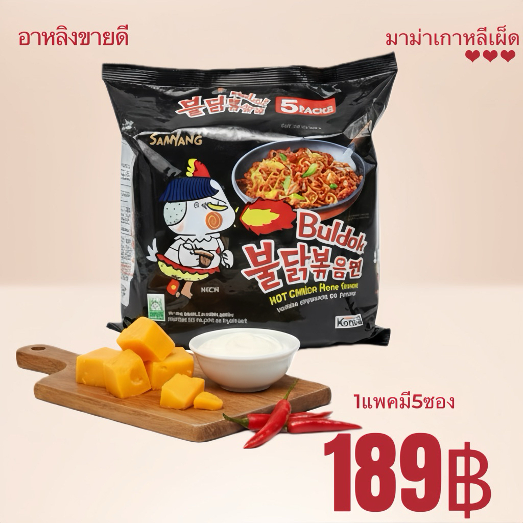 มาม่าเกาหลีไก่ฮอตชิคเก้นแบบแห้งรสไก่สูตรเผ็ด (140กรัม มี 5 ซอง)