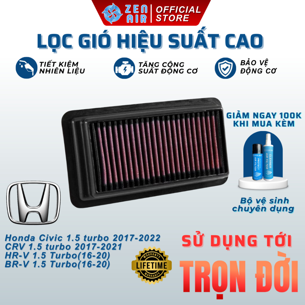 เครื่องยนต์ประสิทธิภาพสูง กรองอากาศ Honda Civic 2017-2022, CRV 2017-2021,HRV (16-22), BRV(16-20) Zen