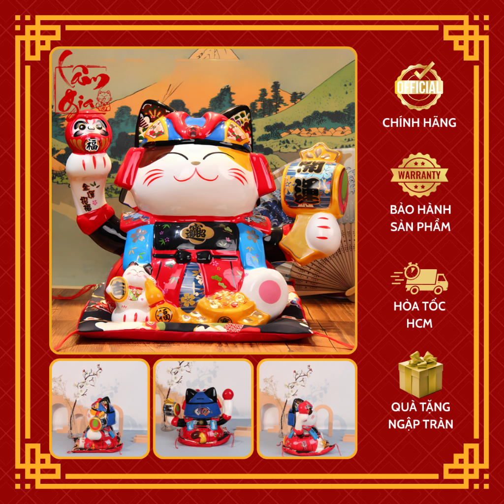 [GENUINE] God of Wealth Cat Samurai Lam Gia Ceramics Maneki-Neko นําเข้าจากญี่ปุ่น FY - โชคดี