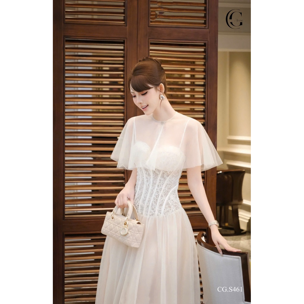 LunaClassy ถ้วยลูกไม้หน้าอกตาข่าย Cape Dress Ribbed เอว Shaping ชุดลูกไม้ CGS46160F
