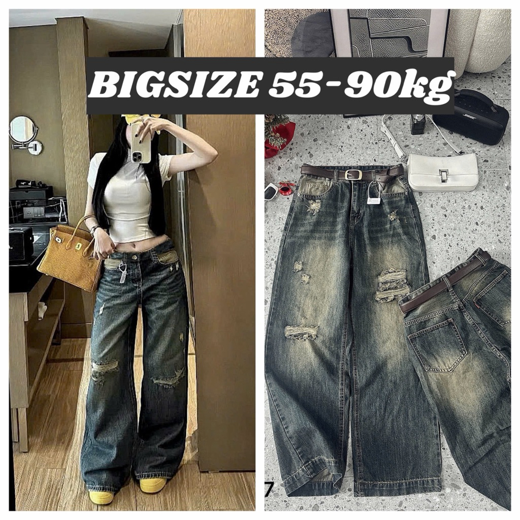 ️DEAL NEW MODEL BIGSIZE ️Bigsize Ripped Jeans 55-90kg, Bigsize Womens Ripped Wide Leg Jeans รหัส 607