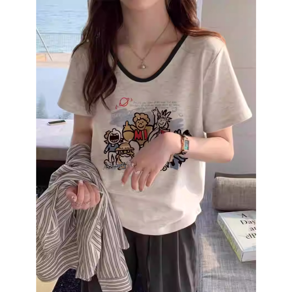 เสื้อยืดคอปก Bau นุ่ม บางและเบา พิมพ์ลายน่ารัก - เสื้อยืด NEONVN Autumn sassy แขนสั้นคอวี