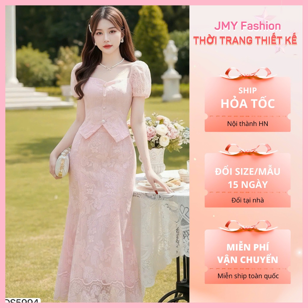 (FIRE) DS5994 เดรสลูกไม้สีชมพูคอเหลี่ยมดีไซน์สุดหรู Set [Dolce Viva Collection (DVC/ACC)]