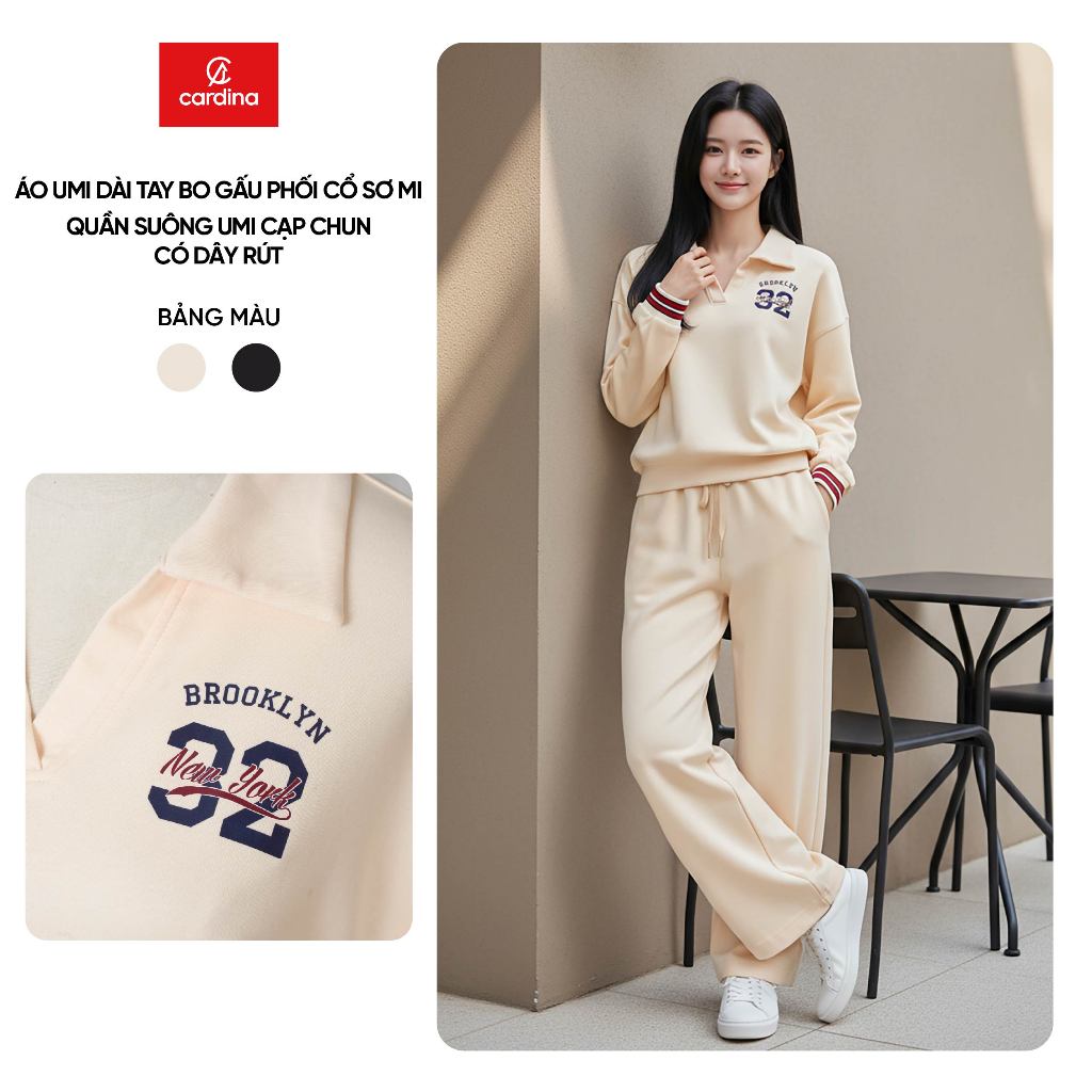 ชุดผู้หญิง CARDINA ผ้า umi เสื้อเชิ้ตคอปกแขนยาวและกางเกงเอวยางยืด 5ANF36, 5QDT36