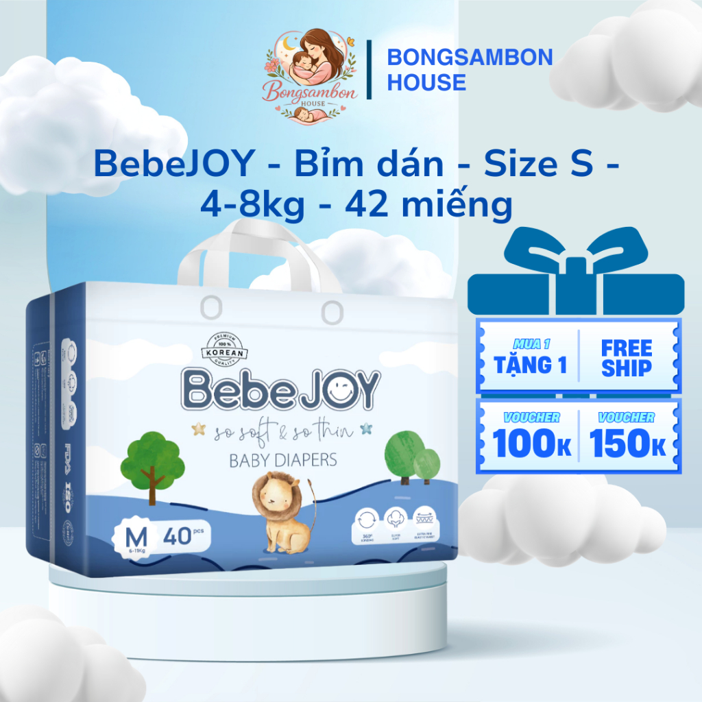 [COMBO 3 แถม 1] ผ้าอ้อม BebeJOY - ไซส์ S - 4-8kg - 42 ชิ้น - BONGSAMBON HOUSE