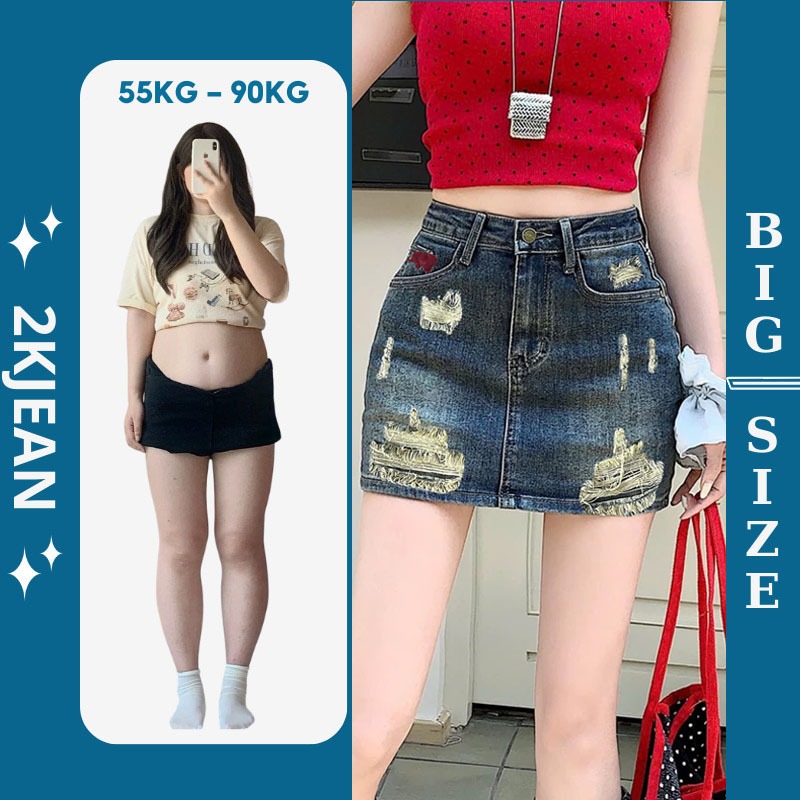 QC กางเกงยีนส์กระโปรงผู้หญิงขาด Bigsize 55kg-90kg ทรง a แฟชั่นระดับไฮเอนด์ bigsize 2Kjeans QC2115