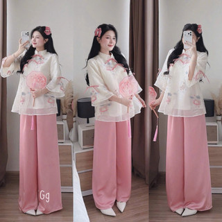 TT39- Sét bộ lam Tết thêu cá chép form babydoll tay lửng Đính nơ áo 2 lớp, mix quần suông (40-58kg)