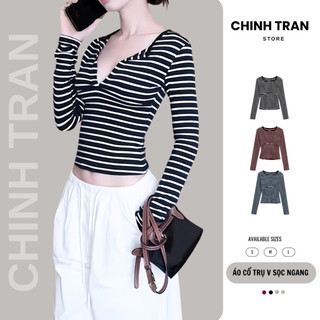 [MỞ BÁN] Áo Thun Nữ Cổ Trụ Sẻ V Tay Dài Kẻ Sọc Ngang Basic Sexy - Chinh Trần Store