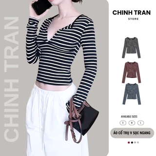 เสื้อยืดลายทางแนวนอนแขนยาวผู้หญิงเซ็กซี่ขั้นพื้นฐาน - Chinh Tran Store