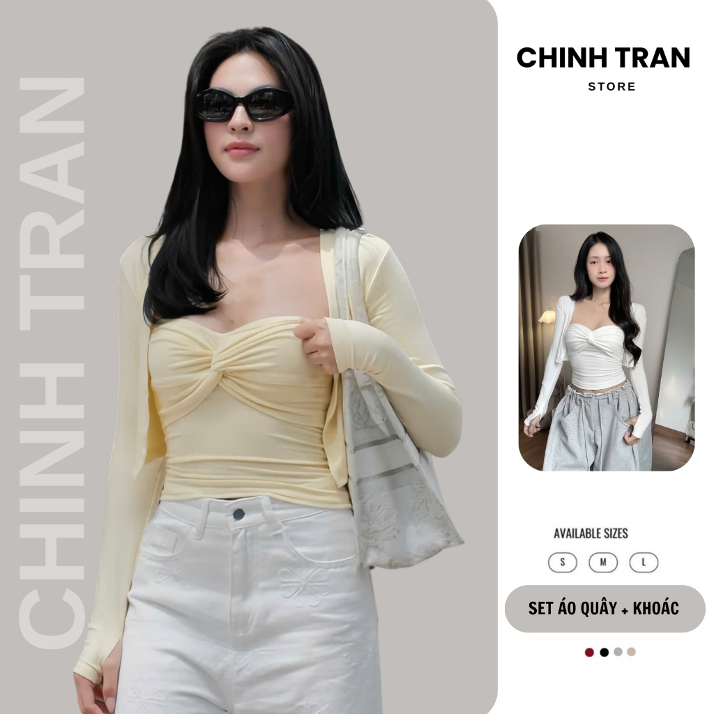 Set เสื้อแจ็คเก็ตคาร์ดิแกนพร้อมเสื้อเกาะอกผู้หญิงบิดหลายสี - ร้าน Chinh Tran