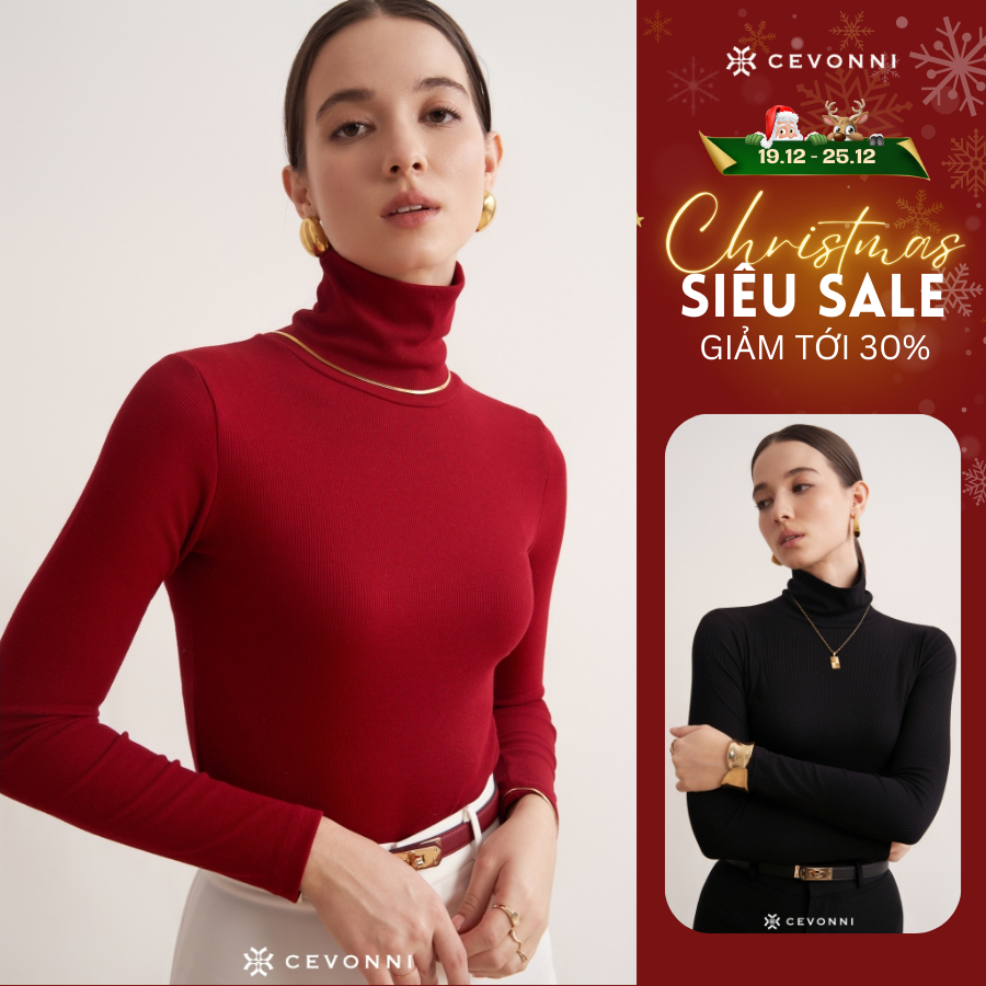 CEVONNI เสื้อคอเต่าแขนยาวสีทึบ Bodycon CV9458