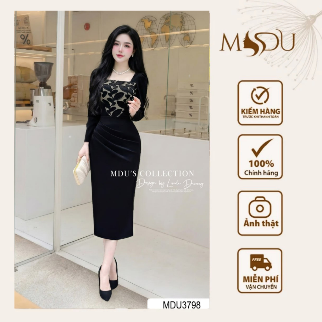 ชุดเดรสสํานักงาน MDU3798 ดีไซน์คอเหลี่ยม หมวกลูกไม้เชื่อม Mango เกรดจาก MDU K47-D1-2