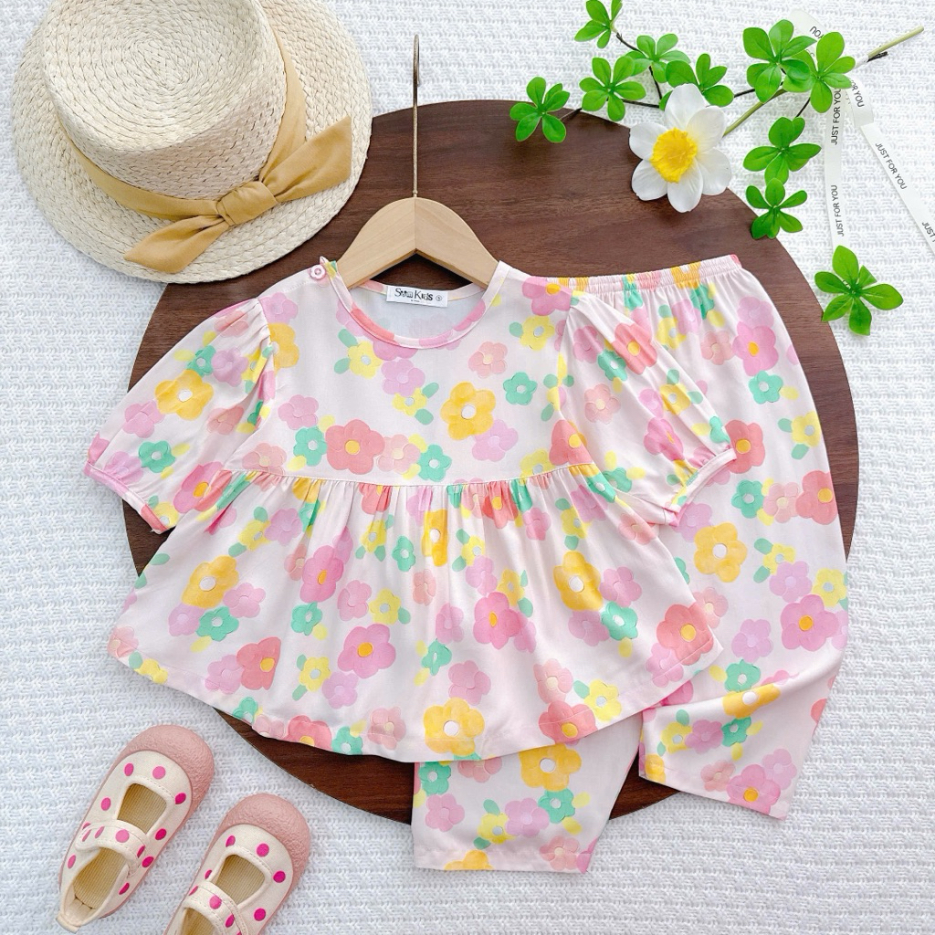 SK babydoll แขนสั้นและกางเกงขายาว (แบบหัก) เนื้อลินินผิวสองชั้น เย็นสบาย ซึมซับ