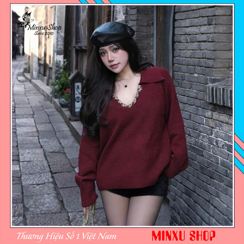 เสื้อสเวตเตอร์คอปกเปิดทรงหลวมสําหรับผู้หญิงพร้อม Hem QC Minxu Shop TA89