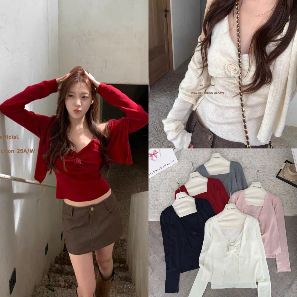 [S9130] ROSE THIN WOOL CARDIGAN SET metwo.dearu - QC 2-strap mongtoghi set with HQ ulzzang crop top 
