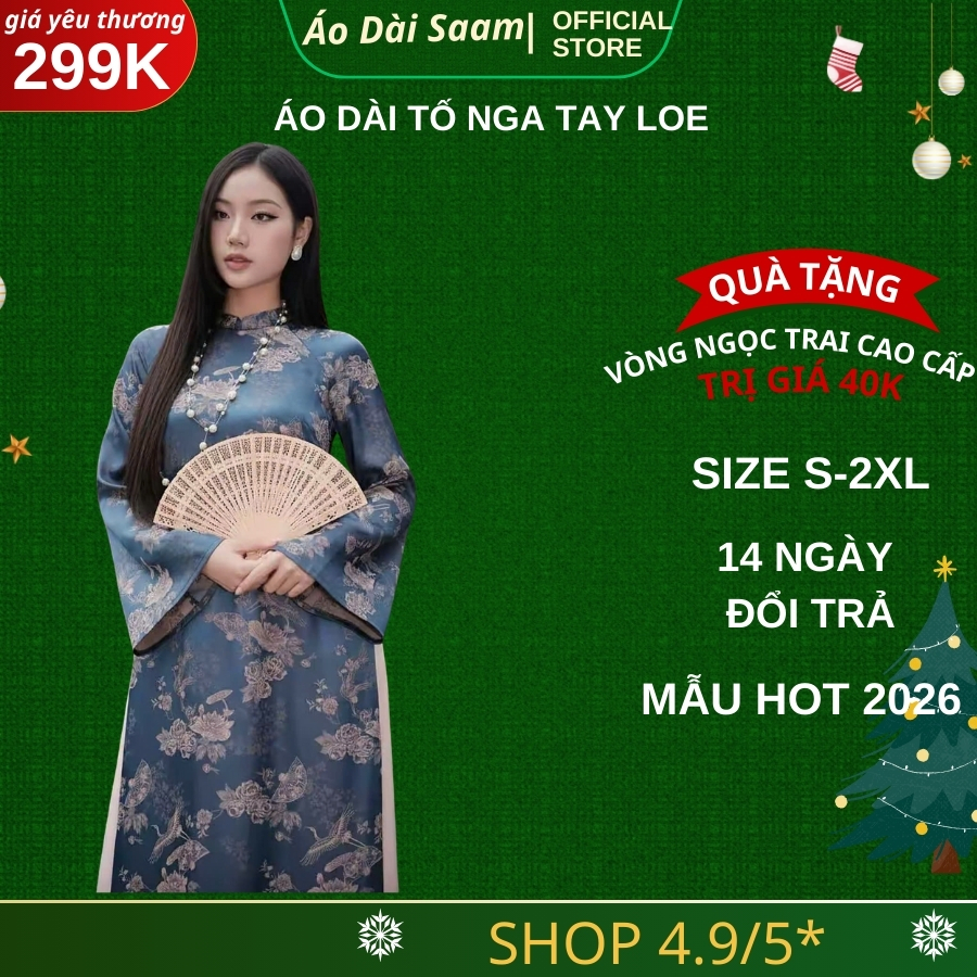 To nga ao dai สีน้ําเงินเข้ม สีแดง พร้อมกางเกงของขวัญสร้อยคอมุก แขนยาวบาน หรูหรา สําหรับ Tet 2026