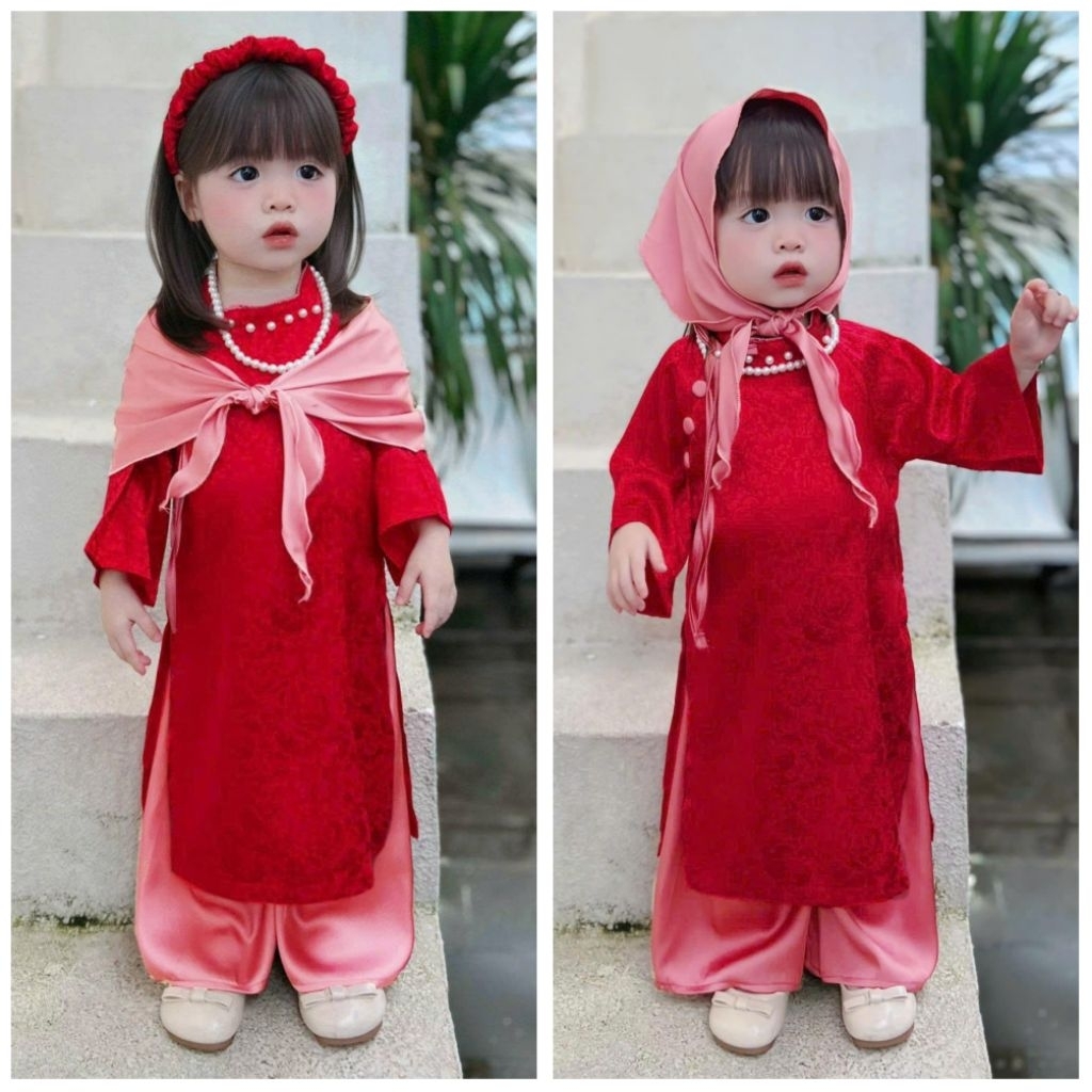 (AD02) ชุด Brocade Tet ao dai พร้อมคอปก offset ประดับมุก ปุ่มหรูหรา + กางเกงละตินมันเงาเนื้อนุ่ม (แถ