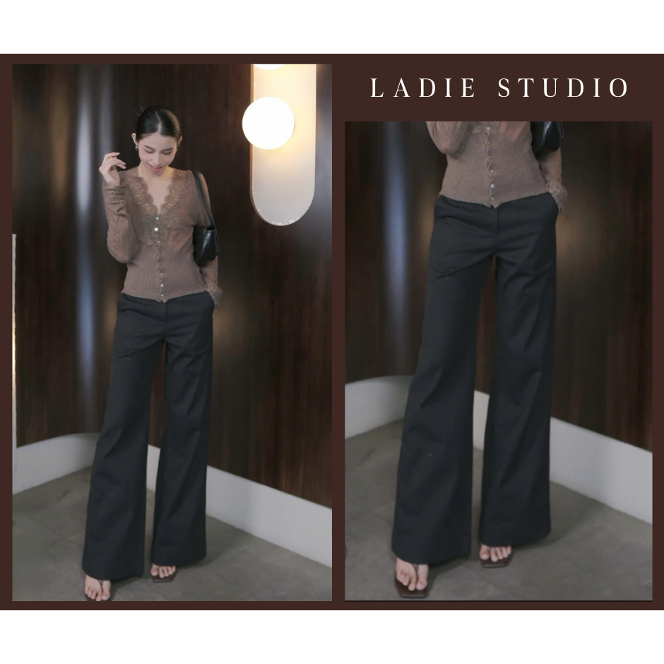 กางเกงยีนส์สีกากีขากว้างเอวสูง Clarissa Jean, QT29, Ladie Studio