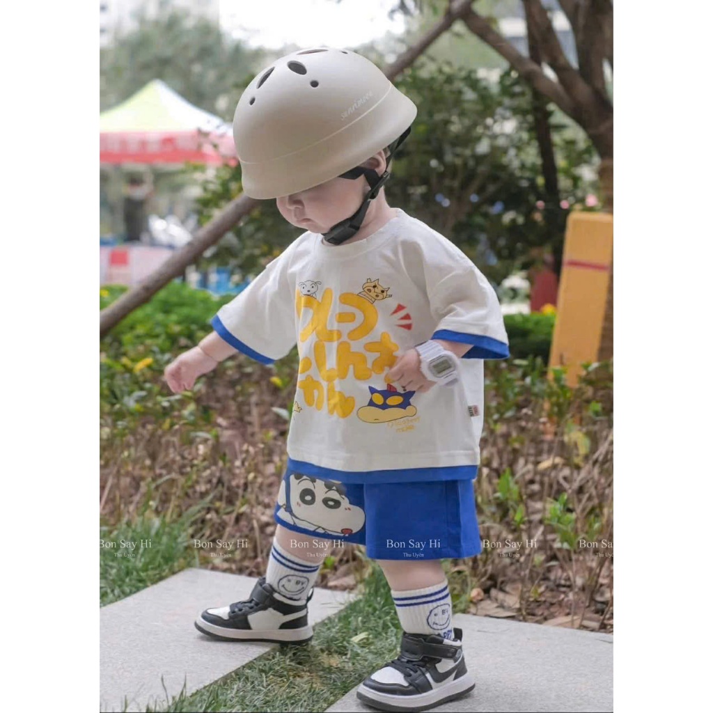 Shin Chan Pencil Boy ชุดเสื้อยืดผ้าฝ้ายพิมพ์ลายพร้อมกางเกงขาสั้นแฟชั่นฤดูร้อนสําหรับเด็กขนาด 8-20 กก. วัสดุนุ่ม M