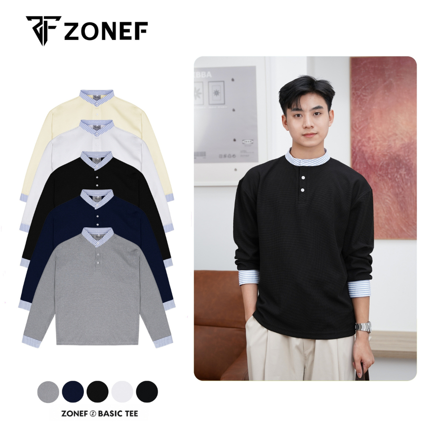 ZONF STUDIO เสื้อยืดแขนยาวผ้ารังผึ้งพร้อมเสื้อลายสก๊อตสีฟ้า, Henley ปุ่มคอปกแขนยาวเสื้อยืดสําหรับผู้