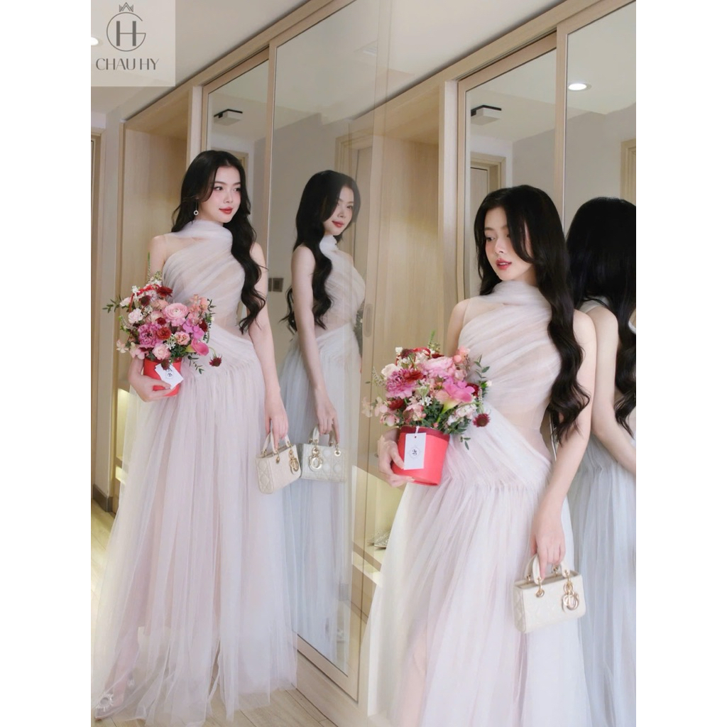 [ HTK ] ชุดราตรีตาข่ายคอบิด - หรูหรา รําพึง