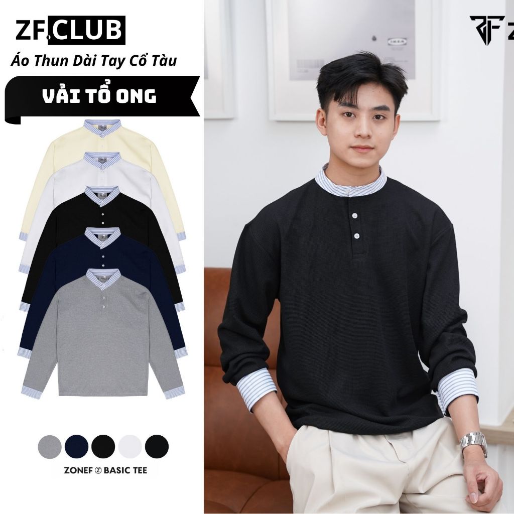 ZONF CLUB เสื้อยืดแขนยาวผ้ารังผึ้งพร้อมเสื้อลายสก๊อตสีฟ้า Henley ปุ่มคอปกแขนยาวเสื้อยืดสําหรับผู้ชาย