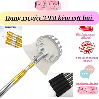 Dụng cụ gậy hái trái cây, sào hái trên cao rút gọn đến 3-10m kèm đầu vợt đường kính 16cm INOX hái quả dễ dàng.