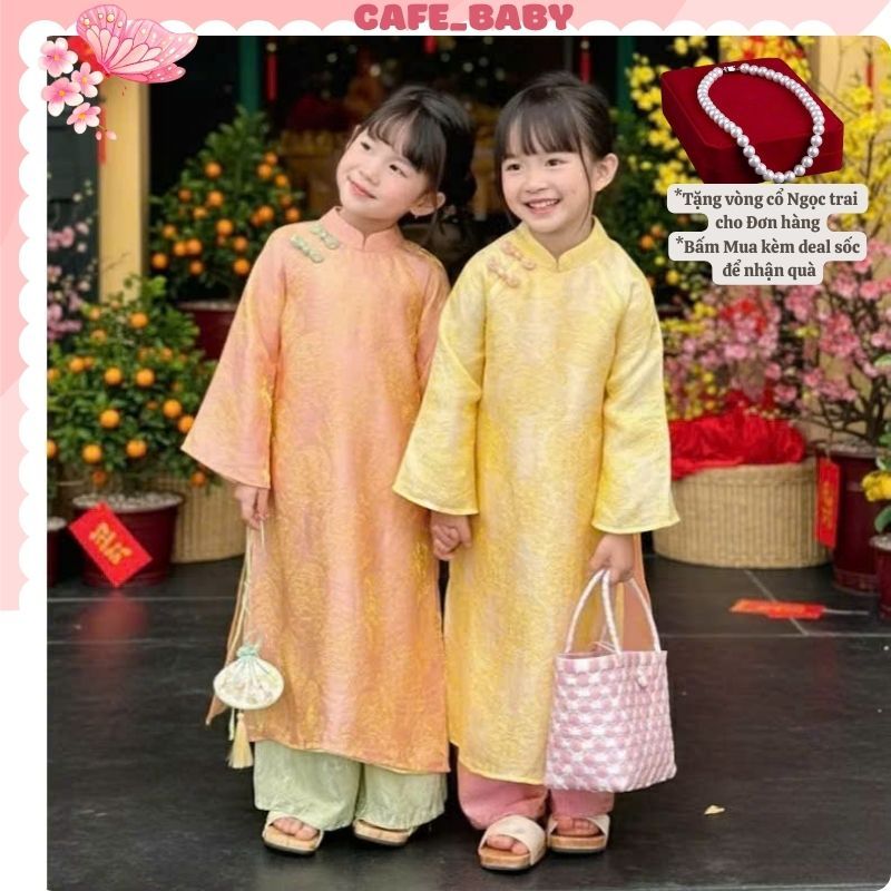 GIVE A NECKLACE ️ชุด Thanh Diep Tet Ao Dai 2 ชิ้นสําหรับเด็กผู้หญิงในกางเกงค้างคาวผ้าไหมโลหะพร้อมกาง