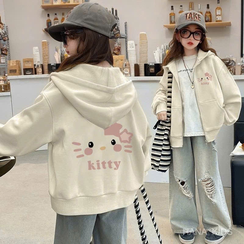 เสื้อฮู้ดมีซิปผ้าขนแกะผ้าฝ้ายสไตล์เกาหลีเรียบหรูสําหรับเด็กผู้หญิงพิมพ์ลายคิตตี้(รุ่น8)