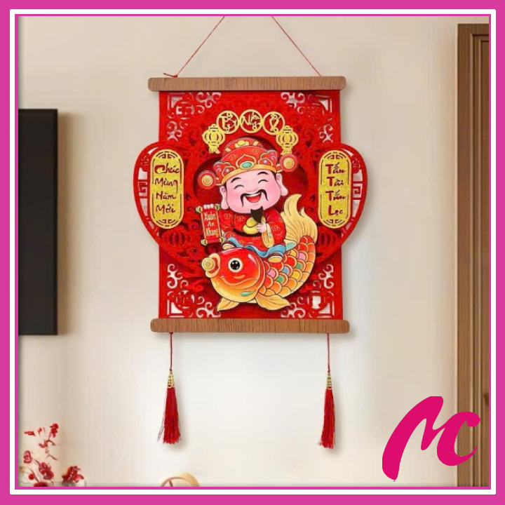 เทท 2026_แถบน้ําพุของเทพเจ้าแห่งความมั่งคั่งขี่ปลาคาร์พยิ้มแกว่งแถบสักหลาดตกแต่งสําหรับตกแต่งตกแต่งส