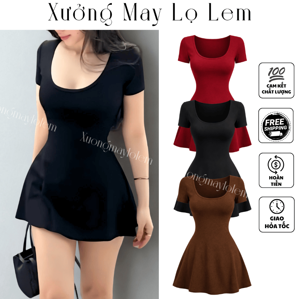 (HCMC EXPRESS) เดรสคอยูแขนสั้น K6700_XUONGMAYLOLEM