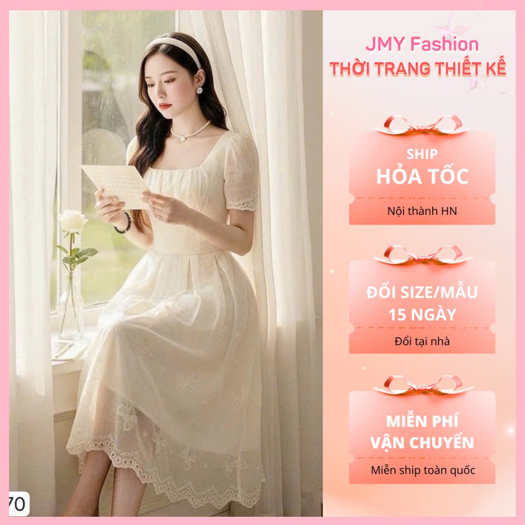 (FIRE) DS6170 เดรสสีขาวครีมคอเหลี่ยมและโบว์ปักผู้หญิง [Dolce Viva Collection (DVC/ACC)]