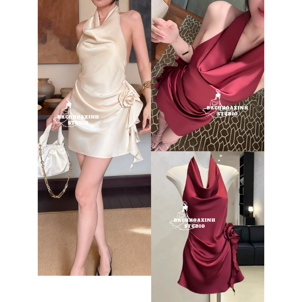 เดรสสั้นผ้าไหมคอปกสายเดี่ยวและเอวลายดอกไม้จับจีบ – ชุดเดรสผ้าไหมซาตินเปลือยหลังสําหรับงานปาร์ตี้